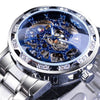 Winner Leisure Skeleton Diamond Luminous Pointer Watch Men Manual Mechanical Watch(Silver Belt Silver Shell Blue Face)