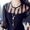 Pearl Five-petal Flower Long Necklace Female tassel Long Sweater Chain(Black)