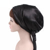 TJM-226 Ladies Satin Print Ribbon Bow Turban Hat Night Cap Silk Chemotherapy Hat Long Tail Braid Hat(Black)