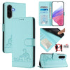 For Samsung Galaxy A56 5G Cat Rat Embossed Pattern RFID Leather Phone Case with Lanyard(Mint Green)