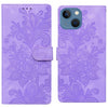For iPhone 15 Lace Floral Embossed Magnetic Buckle Leather Phone Case(Purple)