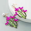 Cactus Alloy Retro Earrings With Colored Rhinestones(Rose Red)