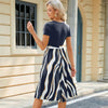 Women Spring Summer Round Neck Splicing Printed Short Sleeve Big Hem Dress, Size: XXL(Navy)