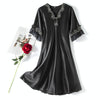 Scalloped Edge V-Neck Mid Sleeve Loose Women Nightdress, Size:M(Black)