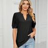 Women Summer Casual V-Neck Hollow Bubble Sleeve Loose T-Shirt, Size: L(Black)