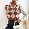 Plaid Sleeveless Ladies V Neck Knit Crop Top Sweater Vest, Size:L(Coffee)