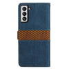 For Samsung Galaxy S21 FE 5G Grid Stitching Leather Phone Case with Lanyard(Blue)
