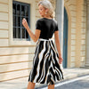 Women Spring Summer Round Neck Splicing Printed Short Sleeve Big Hem Dress, Size: S(Black)