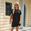 Women Spring Summer Round Neck Pocket Loose Short Sleeve Dress, Size: M(Black)
