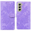 For Samsung Galaxy S21 FE 5G Lace Floral Embossed Magnetic Buckle PU Phone Case With Wrist Strap(Purple)