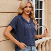 Ladies Summer Hooded Button Loose Short Sleeve T-Shirt Blouse, Size: XXL(Navy)