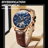 OLEVS 6658 Men Luminous Waterproof Leather Strap Mechanical Watch(Blue + Rose Gold)