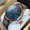 OLEVS 5869 Men Business Waterproof Genuine Leather Strap Quartz Watch(Blue + Rose Gold)