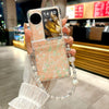 For OPPO Find N3 Flip Three Parts Pearlescent Shell Texture Phone Case with Bracelet(Pink Green)