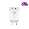 20W PD Type-C + QC 3.0 USB Interface Fast Charging Travel Charger with USB-C / Type-C to 8 Pin Fast Charge Data Cable EU Plug