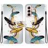 For Samsung Galaxy S22 5G Crystal Texture Colored Drawing Leather Phone Case(Gold Butterfly Feathers)