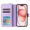 For iPhone 15 Nine-card Slots Zipper Wallet Bag Leather Phone Case(Light Purple)