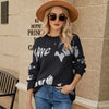 Women Round Neck Knitted Sweater Letters Jacquard Pullover Sweater, Size: L(Black)