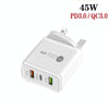 45W PD25W + 2 x QC3.0 USB Multi Port Charger with USB to 8 Pin Cable, UK Plug(White)