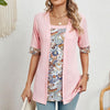 Spring Summer Printed Fake Two-Piece Square Neck Mid-Sleeve Top T-Shirt, Size: L(Pink)