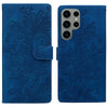 For Samsung Galaxy S23 Ultra 5G Lace Floral Embossed Magnetic Buckle PU Phone Case With Wrist Strap(Blue)