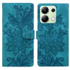 For Redmi Note 13 4G Lace Floral Embossed Magnetic Buckle PU Phone Case With Wrist Strap(Green)