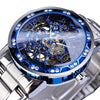 Winner Leisure Skeleton Diamond Luminous Pointer Watch Men Manual Mechanical Watch(Silver Belt Blue Circle Blue Face)
