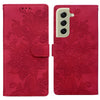 For Samsung Galaxy S21 FE 5G Lace Floral Embossed Magnetic Buckle PU Phone Case With Wrist Strap(Red)