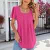 Spring and Summer Square Neck Pleated Short Sleeve Ladies Loose T-Shirt Top, Size: M(Rose Pink)