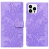 For iPhone 14 Pro Lace Floral Embossed Magnetic Buckle Leather Phone Case(Purple)