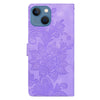 For iPhone 15 Lace Floral Embossed Magnetic Buckle Leather Phone Case(Purple)