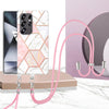 For Samsung Galaxy S25 Ultra 5G Electroplating IMD Splicing Dual-side Marble TPU Phone Case with Lanyard(Pink White)