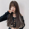 Wig Female Long Hair Hanging Ears Highlight Hair Full Headgear Bangs Long Curly Hair(Black Tea White Rainbow 65cm)