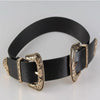 Women Black Leather Western Cowgirl Waist Metal Buckle Waistband New Hot Widened gold double buckle black bottom