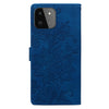 For Samsung Galaxy A22 5G Lace Floral Embossed Magnetic Buckle PU Phone Case With Wrist Strap(Blue)