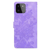 For Samsung Galaxy A22 5G Lace Floral Embossed Magnetic Buckle PU Phone Case With Wrist Strap(Purple)