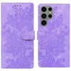 For Samsung Galaxy S23 Ultra 5G Lace Floral Embossed Magnetic Buckle PU Phone Case With Wrist Strap(Purple)