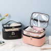 Double Layer Cosmetic Bag PU Transparent Waterproof Travel Portable Large Capacity Storage Bag(Black)