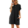 Women Spring Summer Round Neck Pocket Loose Short Sleeve Dress, Size: M(Black)