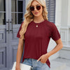 Summer Women Round Neck Flower Lace Patchwork Short Sleeve T-Shirt, Size: XXL(Wine Red)