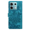 For Redmi Note 13 5G Lace Floral Embossed Magnetic Buckle PU Phone Case With Wrist Strap(Green)