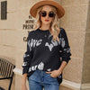 Women Round Neck Knitted Sweater Letters Jacquard Pullover Sweater, Size: M(Black)