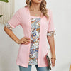 Spring Summer Printed Fake Two-Piece Square Neck Mid-Sleeve Top T-Shirt, Size: XXL(Pink)