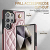 For Samsung Galaxy S22 Ultra 5G Rhombic Dual Buckle Card Slots Phone Case with Lanyard(Rose Gold)