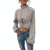 Crop Top Long Sleeve Pullover Turtleneck Leopard Shirt, Size:M(Khaki)