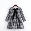 Autumn Girl Cotton Lattice Bow-knot Tie Long Sleeve Dress, Kid Size:150cm(Black and White Lattice)