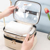 Double Layer Cosmetic Bag PU Transparent Waterproof Travel Portable Large Capacity Storage Bag(Black)