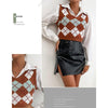 Plaid Sleeveless Ladies V Neck Knit Crop Top Sweater Vest, Size:L(Coffee)