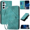 For Samsung Galaxy A56 5G Grid Butterfly Embossed Pattern Leather Phone Case with Lanyard(Light Blue)