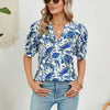 Women V-neck Loose Short-sleeved Printed T-shirt Top, Size: L(Blue Cashew)